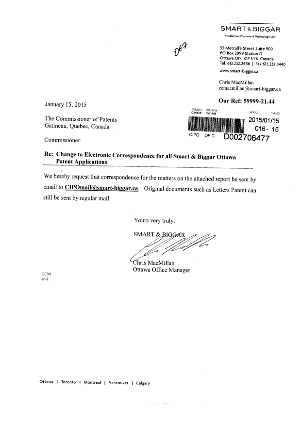 Document de brevet canadien 2757290. Changement à la méthode de correspondance 20150115. Image 1 de 2