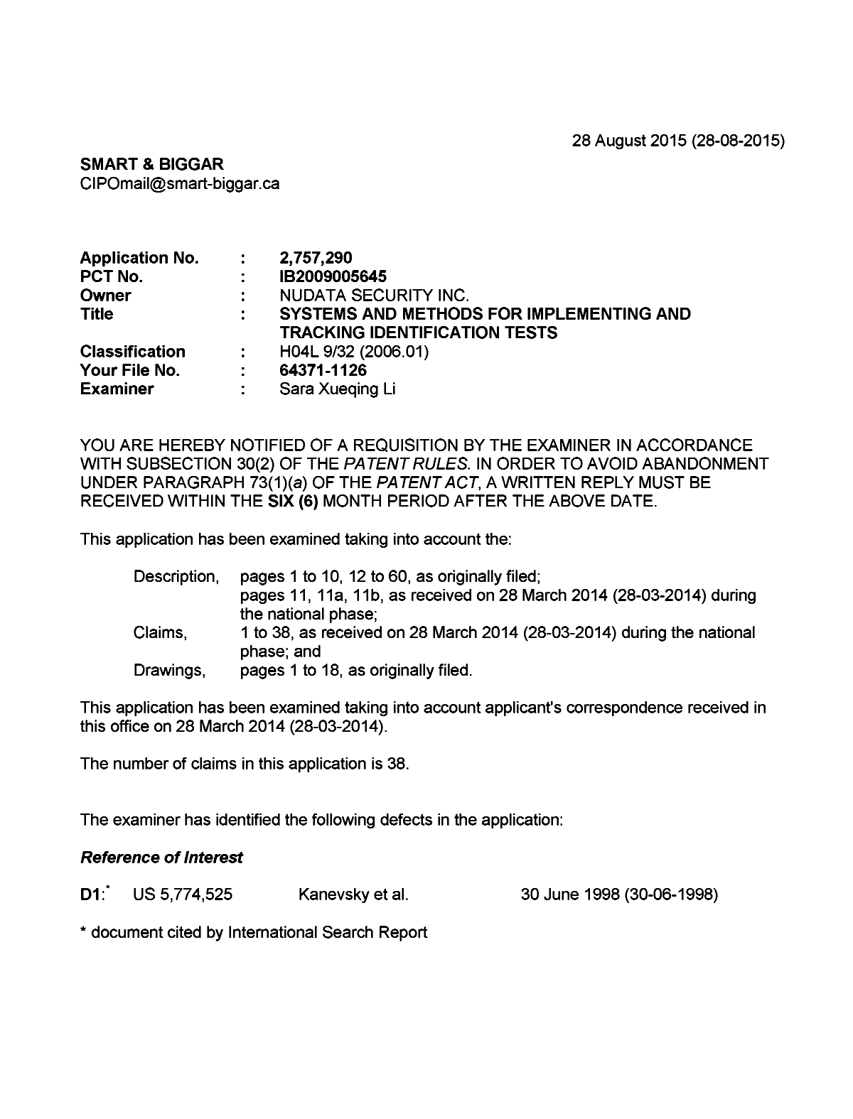 Canadian Patent Document 2757290. Examiner Requisition 20150828. Image 1 of 4