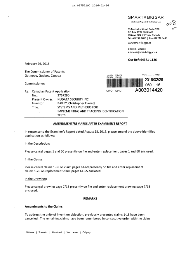 Document de brevet canadien 2757290. Modification 20160226. Image 1 de 11