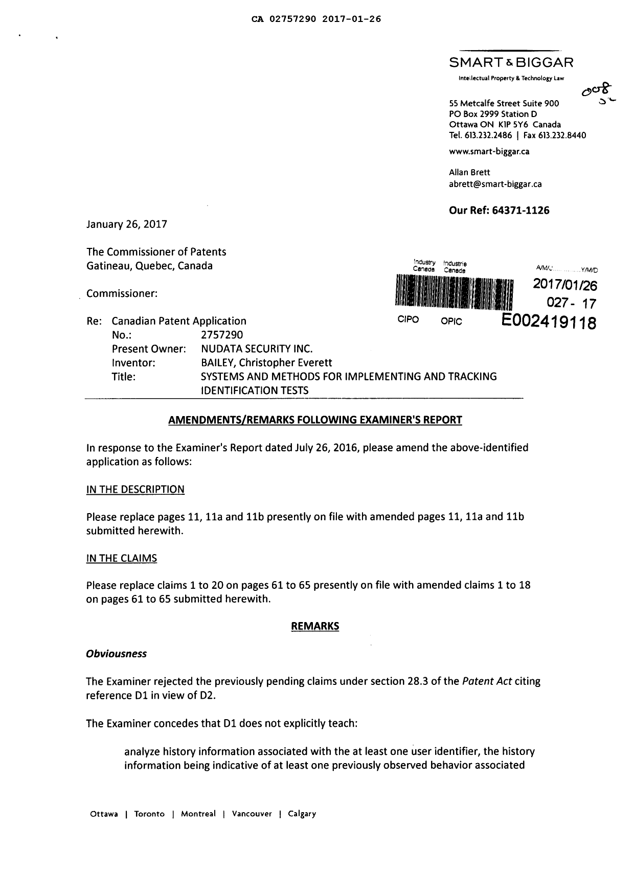 Canadian Patent Document 2757290. Amendment 20170126. Image 1 of 13