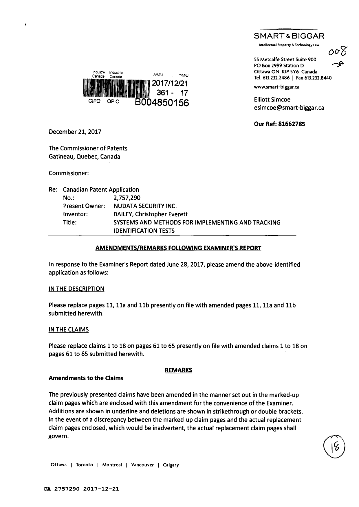 Canadian Patent Document 2757290. Amendment 20171221. Image 1 of 18