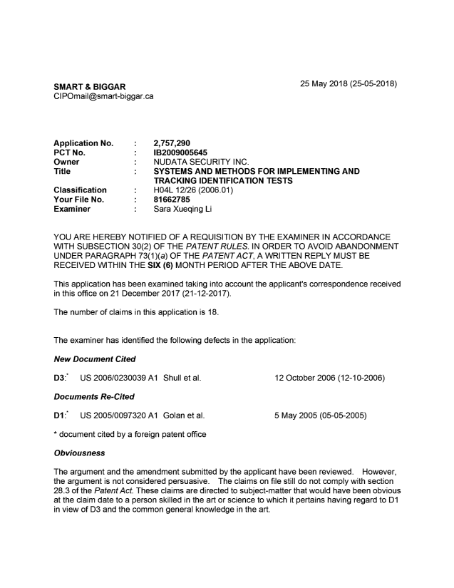 Document de brevet canadien 2757290. Demande d'examen 20180525. Image 1 de 4