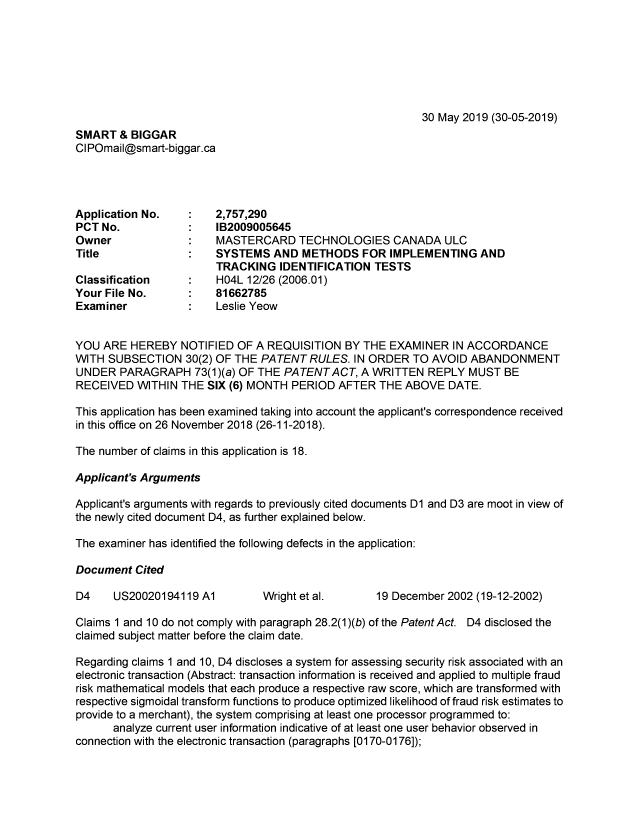 Document de brevet canadien 2757290. Demande d'examen 20190530. Image 1 de 4