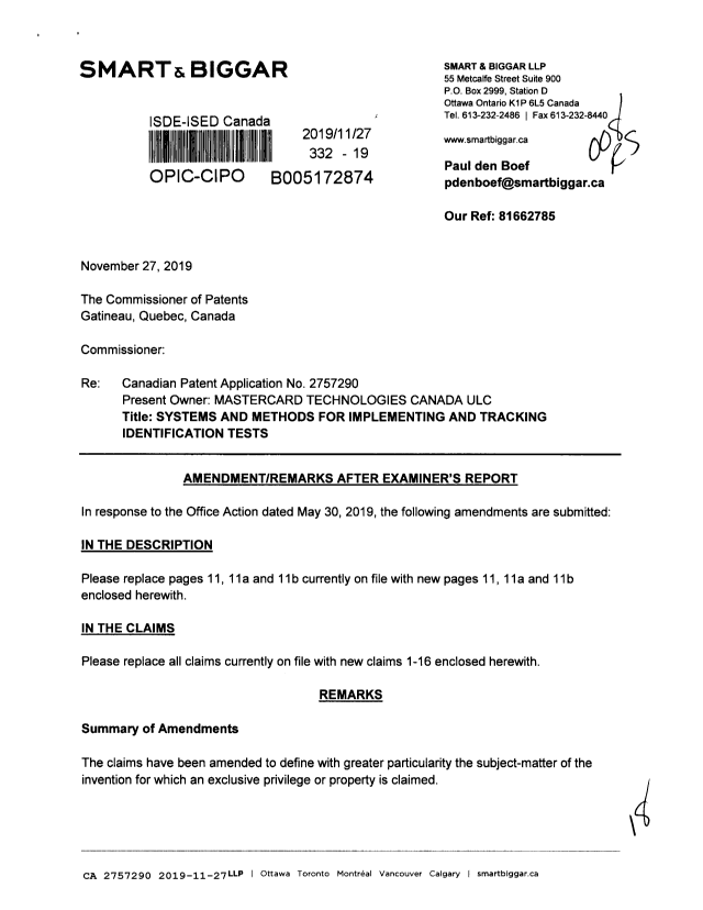 Document de brevet canadien 2757290. Modification 20191127. Image 1 de 18