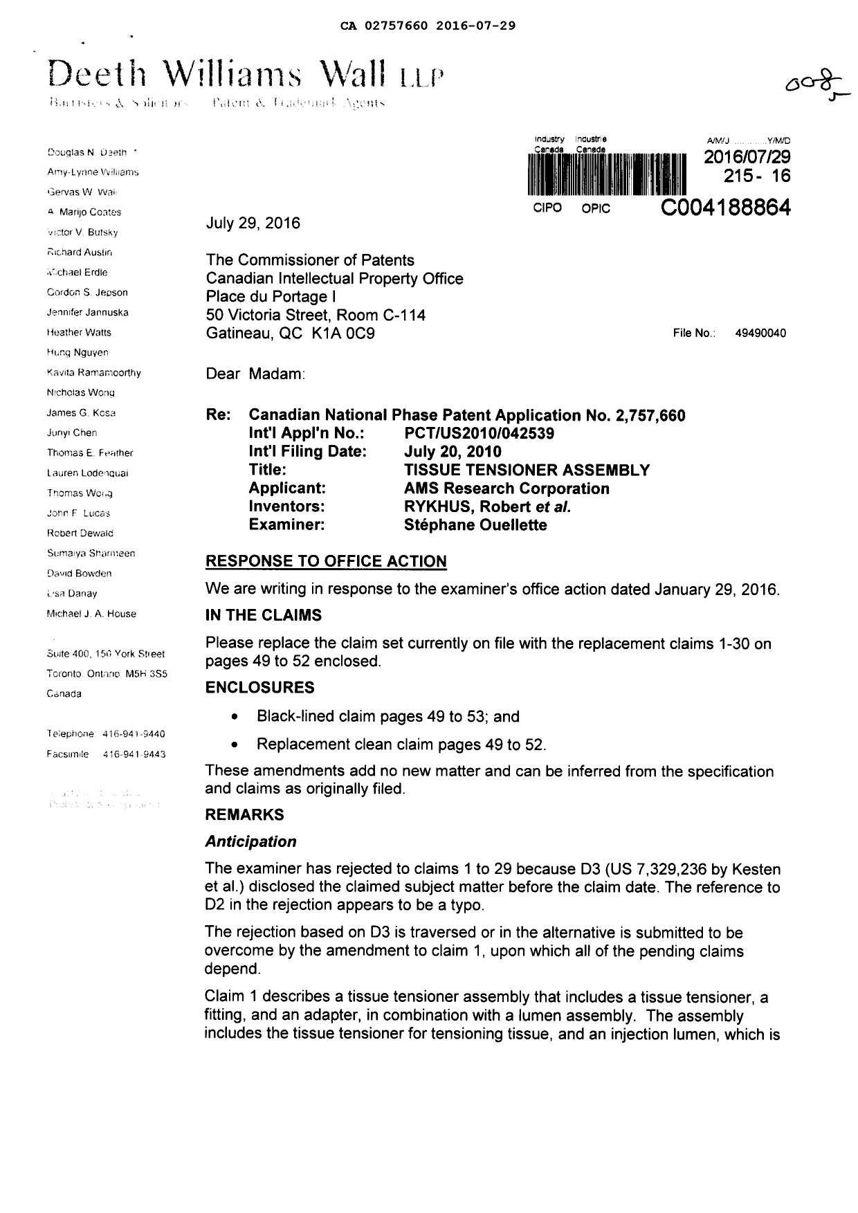 Document de brevet canadien 2757660. Modification 20160729. Image 1 de 12