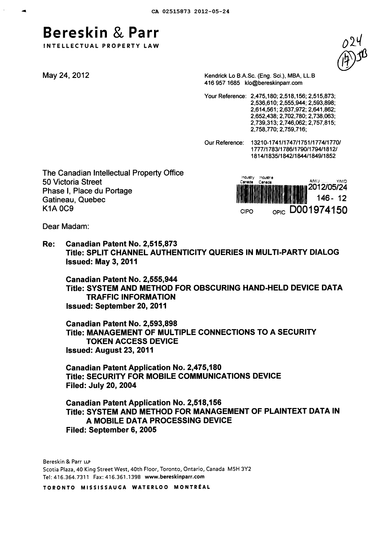 Document de brevet canadien 2757815. Correspondance 20120524. Image 1 de 5