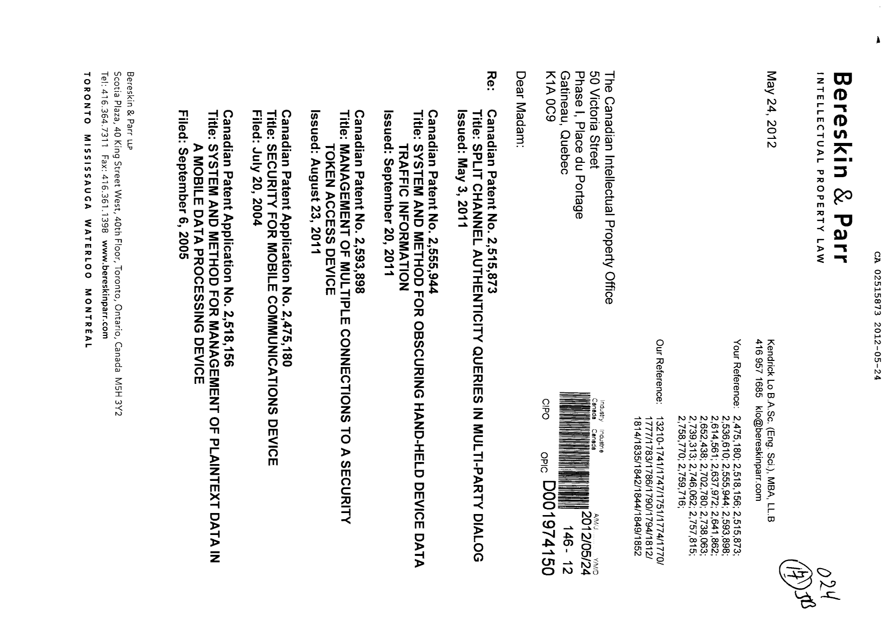 Canadian Patent Document 2757815. Correspondence 20120524. Image 1 of 5