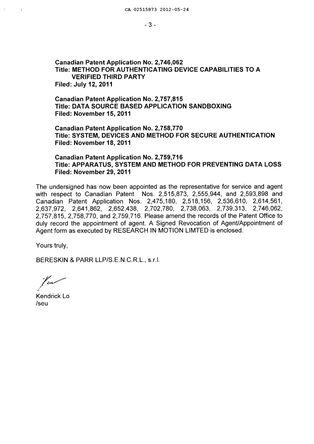 Canadian Patent Document 2757815. Correspondence 20120524. Image 3 of 5