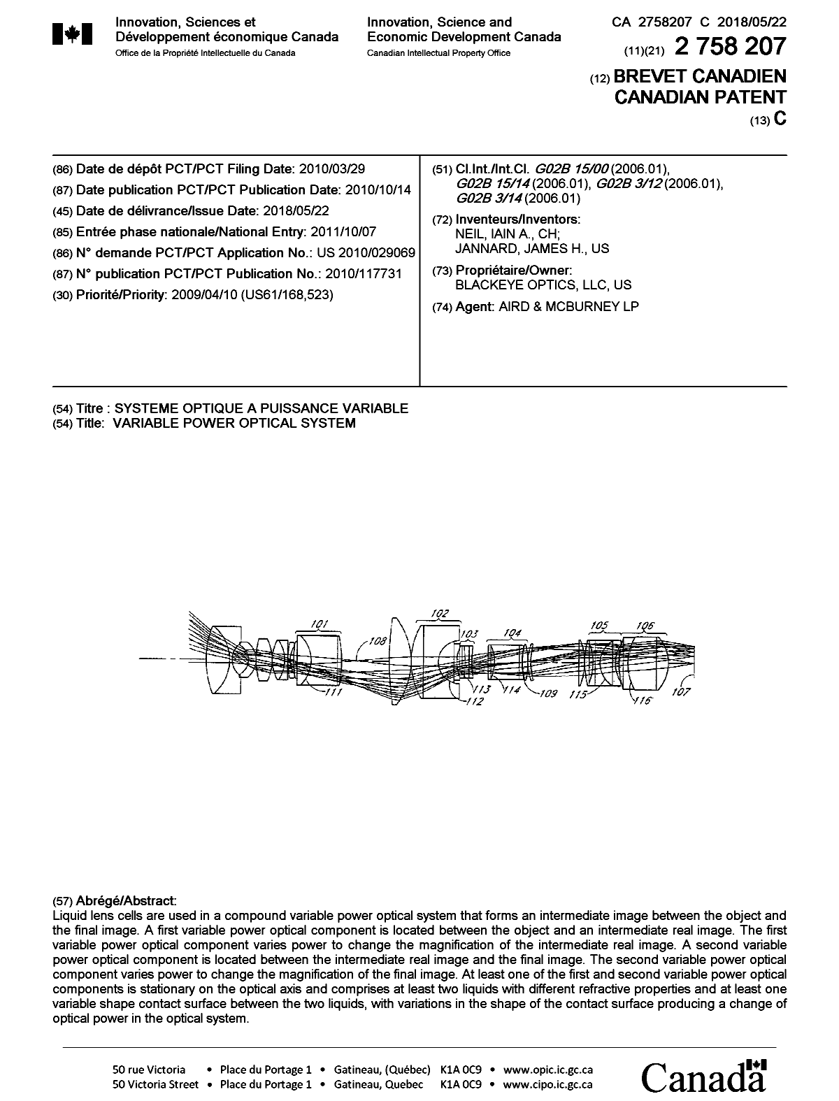 Document de brevet canadien 2758207. Page couverture 20180423. Image 1 de 1