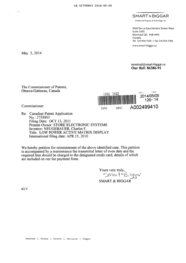 Document de brevet canadien 2758803. Taxes 20140505. Image 3 de 3