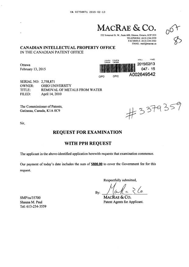 Document de brevet canadien 2758871. Poursuite-Amendment 20150213. Image 1 de 1