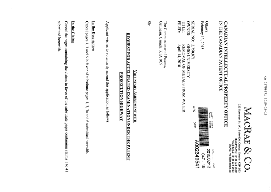 Canadian Patent Document 2758871. Prosecution-Amendment 20150213. Image 1 of 12