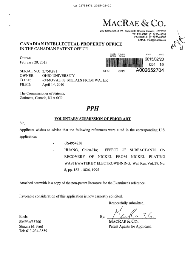 Canadian Patent Document 2758871. Prosecution-Amendment 20150220. Image 1 of 1
