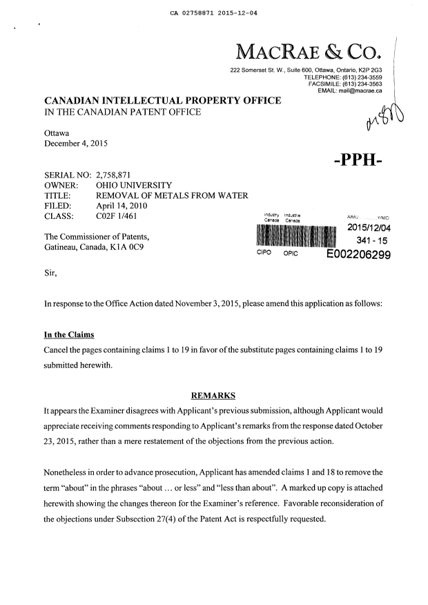 Document de brevet canadien 2758871. Modification 20151204. Image 1 de 10