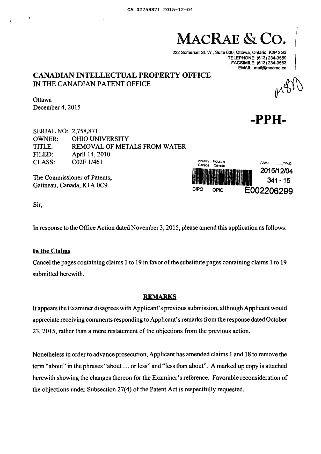 Canadian Patent Document 2758871. Amendment 20151204. Image 1 of 10