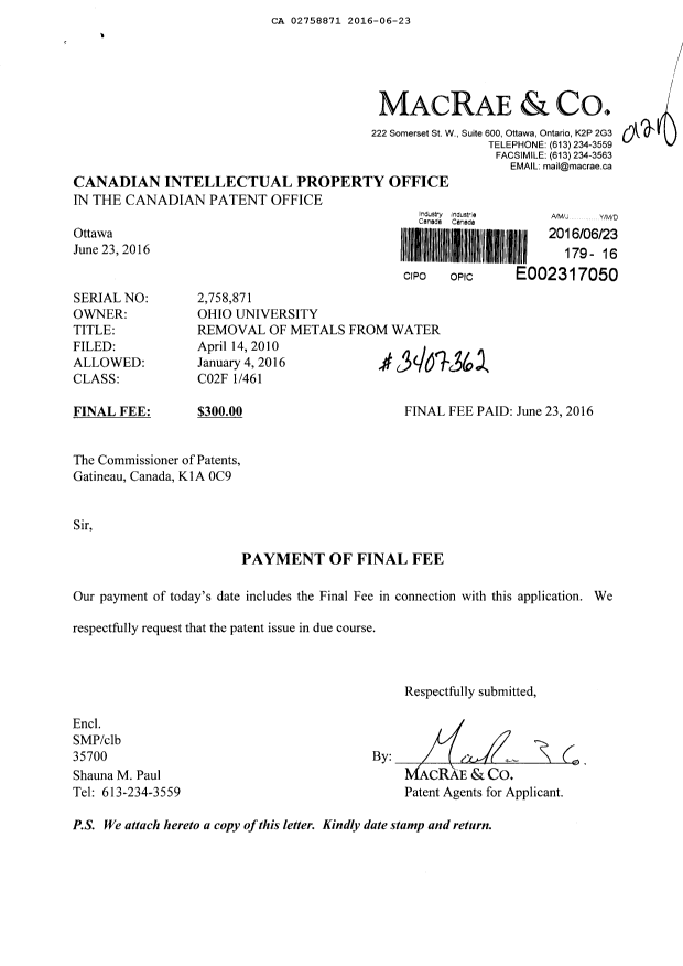 Document de brevet canadien 2758871. Taxe finale 20160623. Image 1 de 1