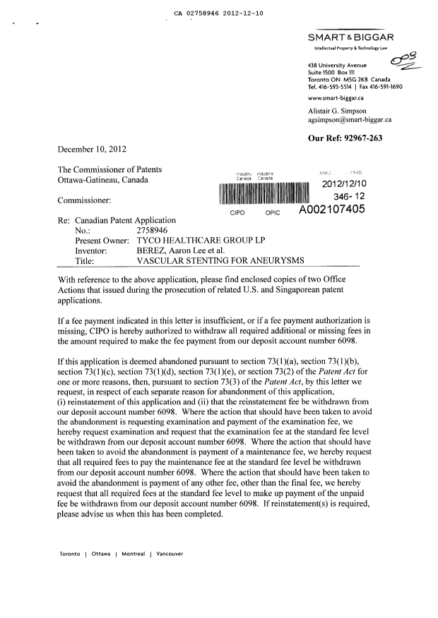Canadian Patent Document 2758946. Prosecution-Amendment 20121210. Image 1 of 2