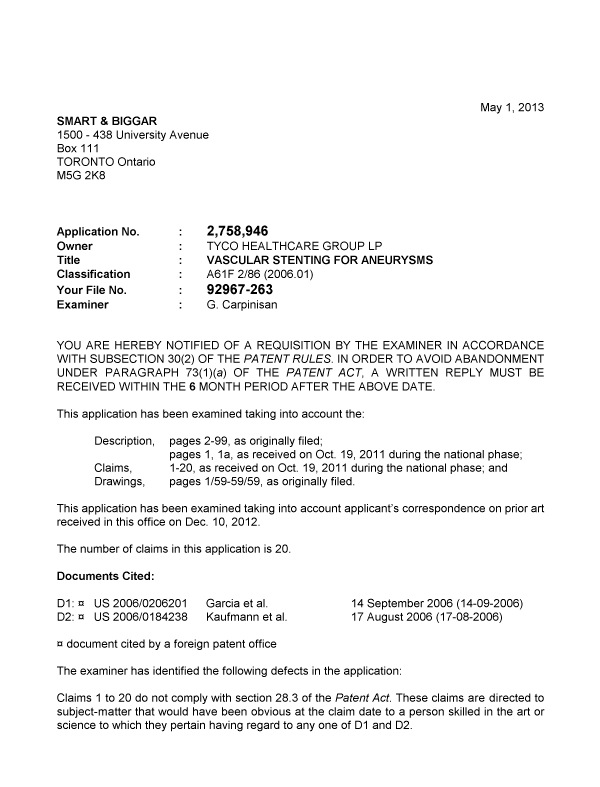 Canadian Patent Document 2758946. Prosecution-Amendment 20130501. Image 1 of 3