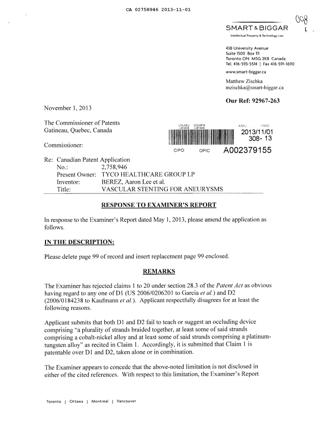 Document de brevet canadien 2758946. Poursuite-Amendment 20131101. Image 1 de 7