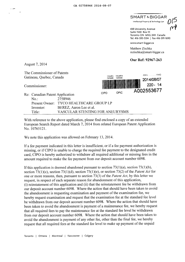 Canadian Patent Document 2758946. Prosecution-Amendment 20140807. Image 1 of 2