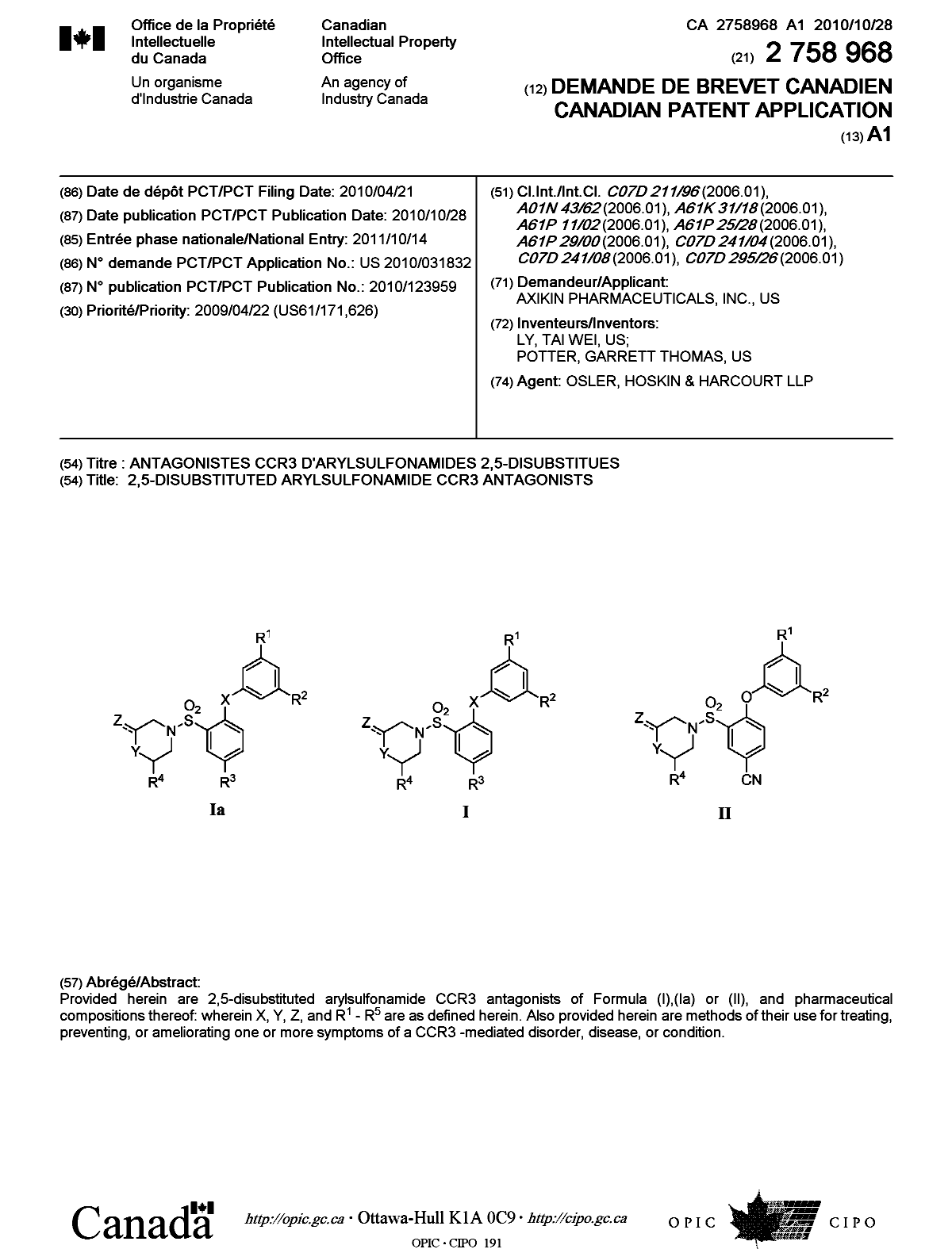 Document de brevet canadien 2758968. Page couverture 20111223. Image 1 de 1