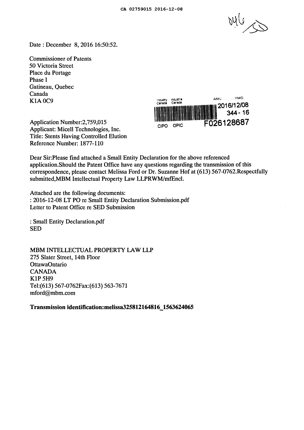 Document de brevet canadien 2759015. Correspondance 20151208. Image 1 de 3