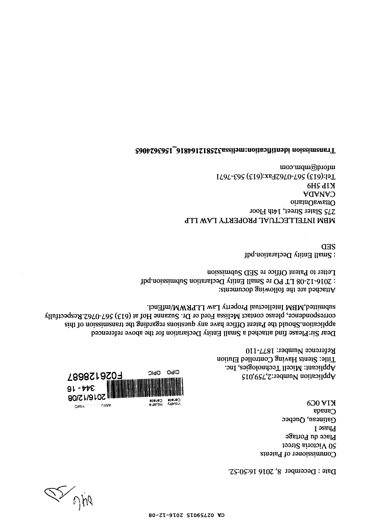 Canadian Patent Document 2759015. Correspondence 20151208. Image 1 of 3