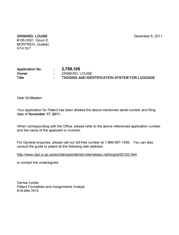 Document de brevet canadien 2759105. Correspondance 20111206. Image 1 de 1