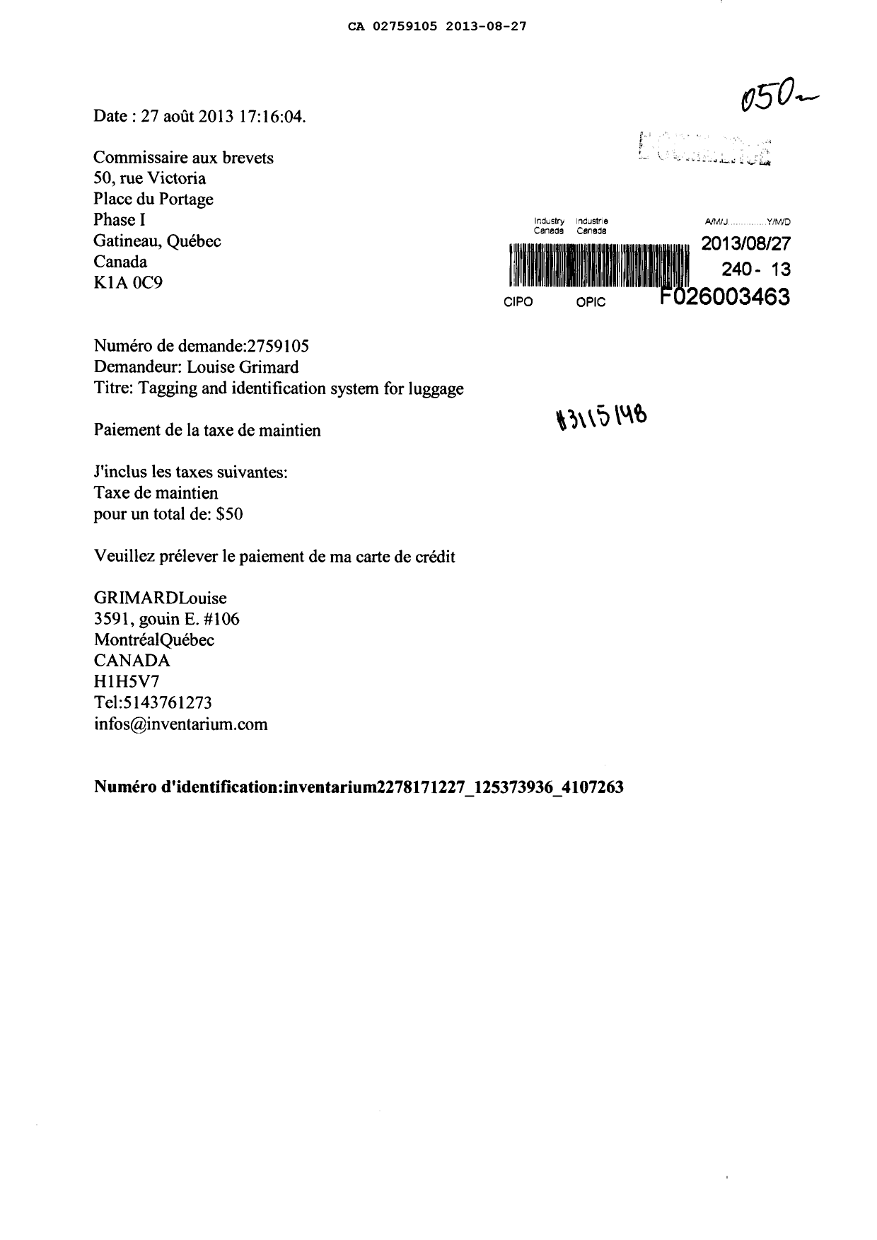 Canadian Patent Document 2759105. Fees 20121227. Image 1 of 1
