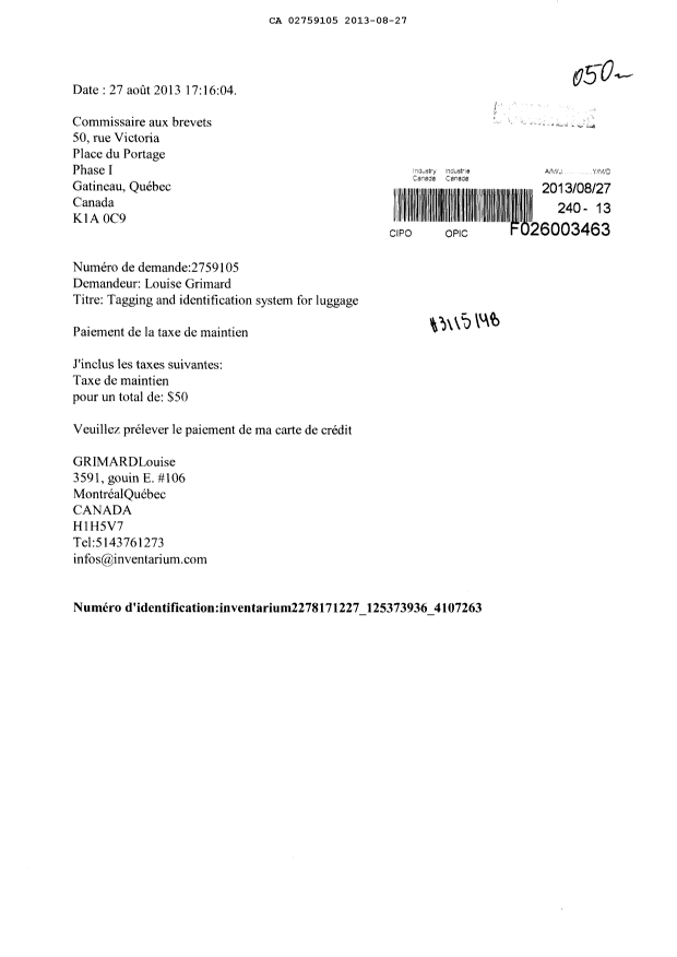 Document de brevet canadien 2759105. Taxes 20130827. Image 1 de 1