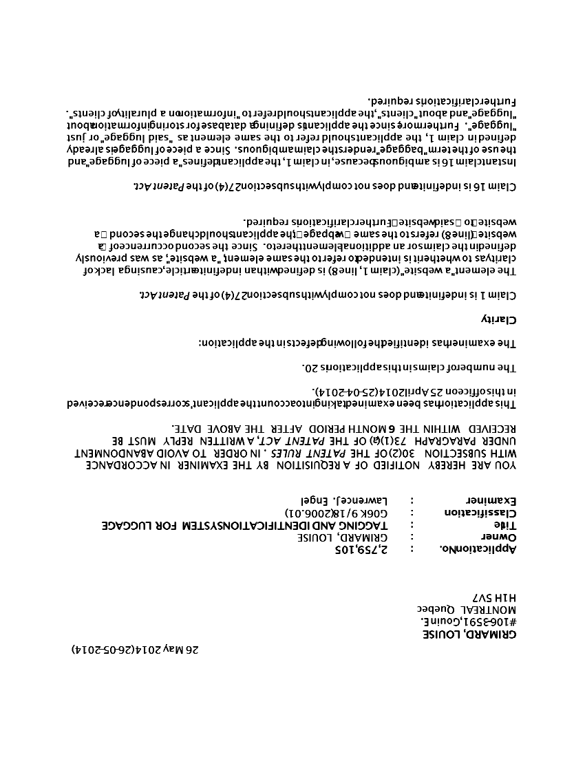 Document de brevet canadien 2759105. Poursuite-Amendment 20131226. Image 1 de 2