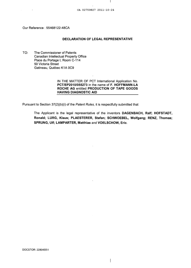 Document de brevet canadien 2759827. Cession 20111024. Image 6 de 6