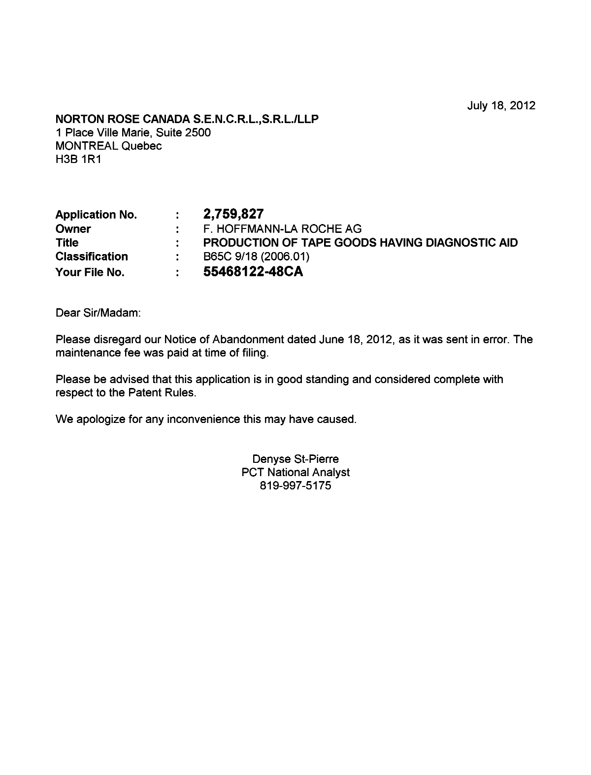 Document de brevet canadien 2759827. Correspondance 20120718. Image 1 de 1