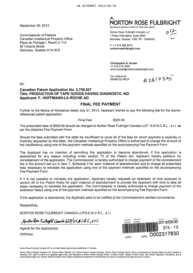 Document de brevet canadien 2759827. Correspondance 20130930. Image 1 de 1