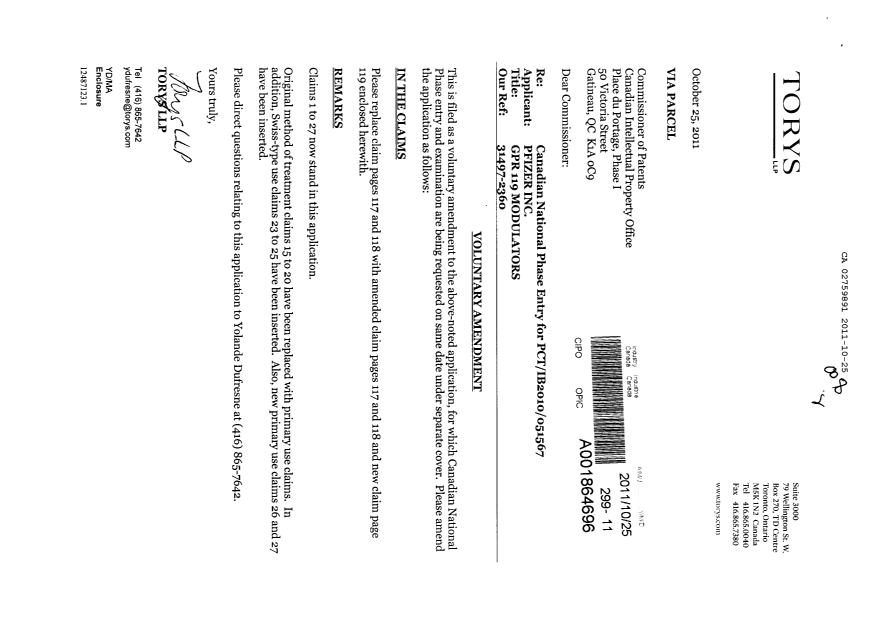 Document de brevet canadien 2759891. Poursuite-Amendment 20111025. Image 1 de 4