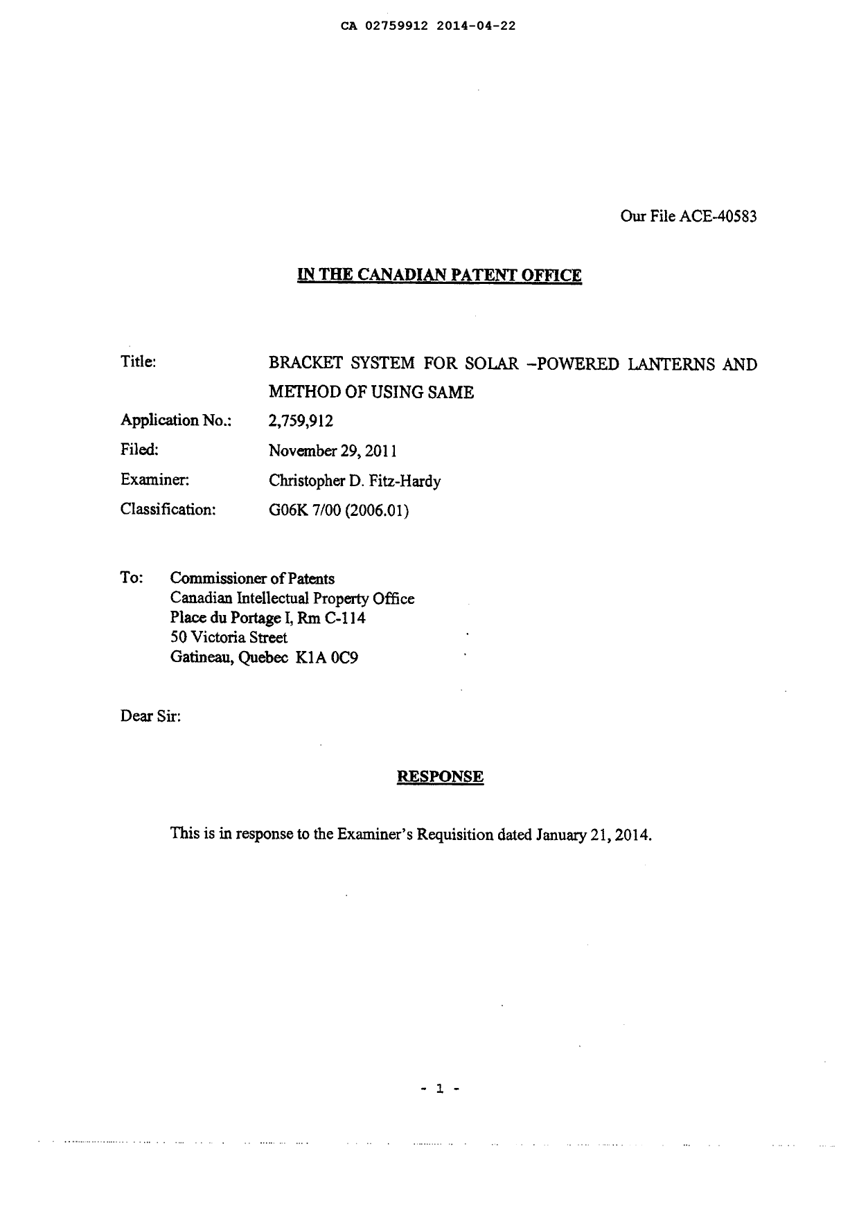 Document de brevet canadien 2759912. Poursuite-Amendment 20131222. Image 2 de 7