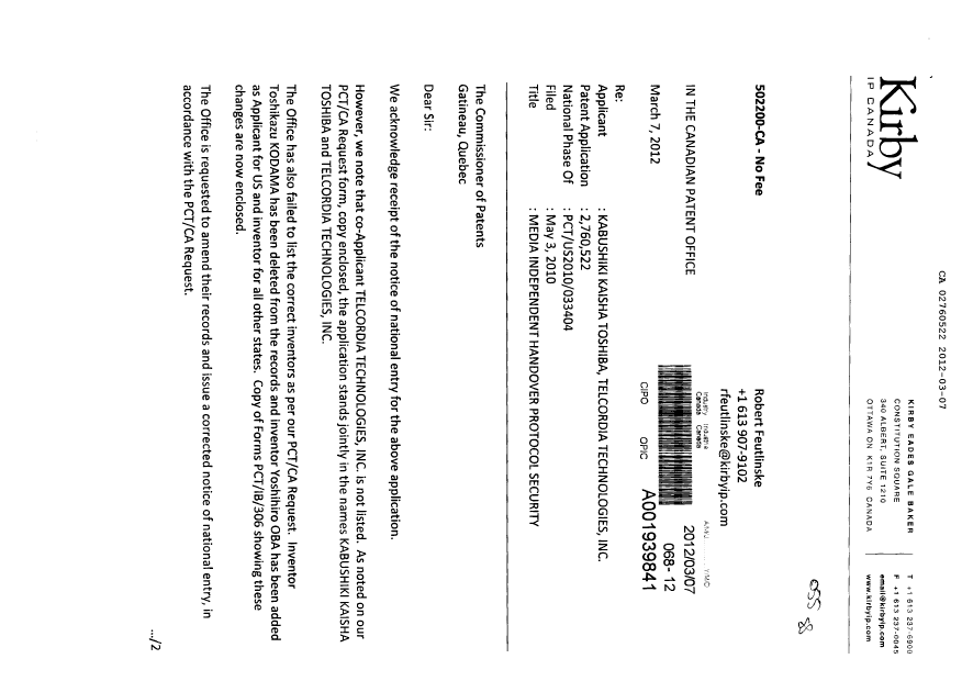Document de brevet canadien 2760522. Correspondance 20120307. Image 1 de 6