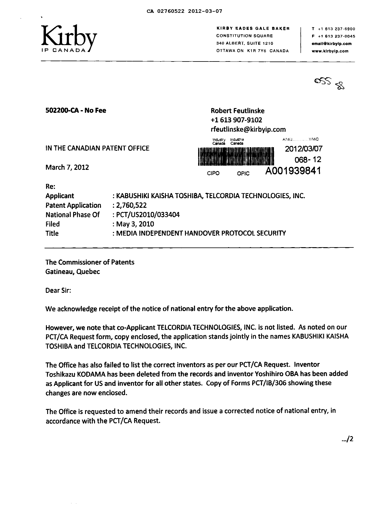 Document de brevet canadien 2760522. Correspondance 20120307. Image 1 de 6