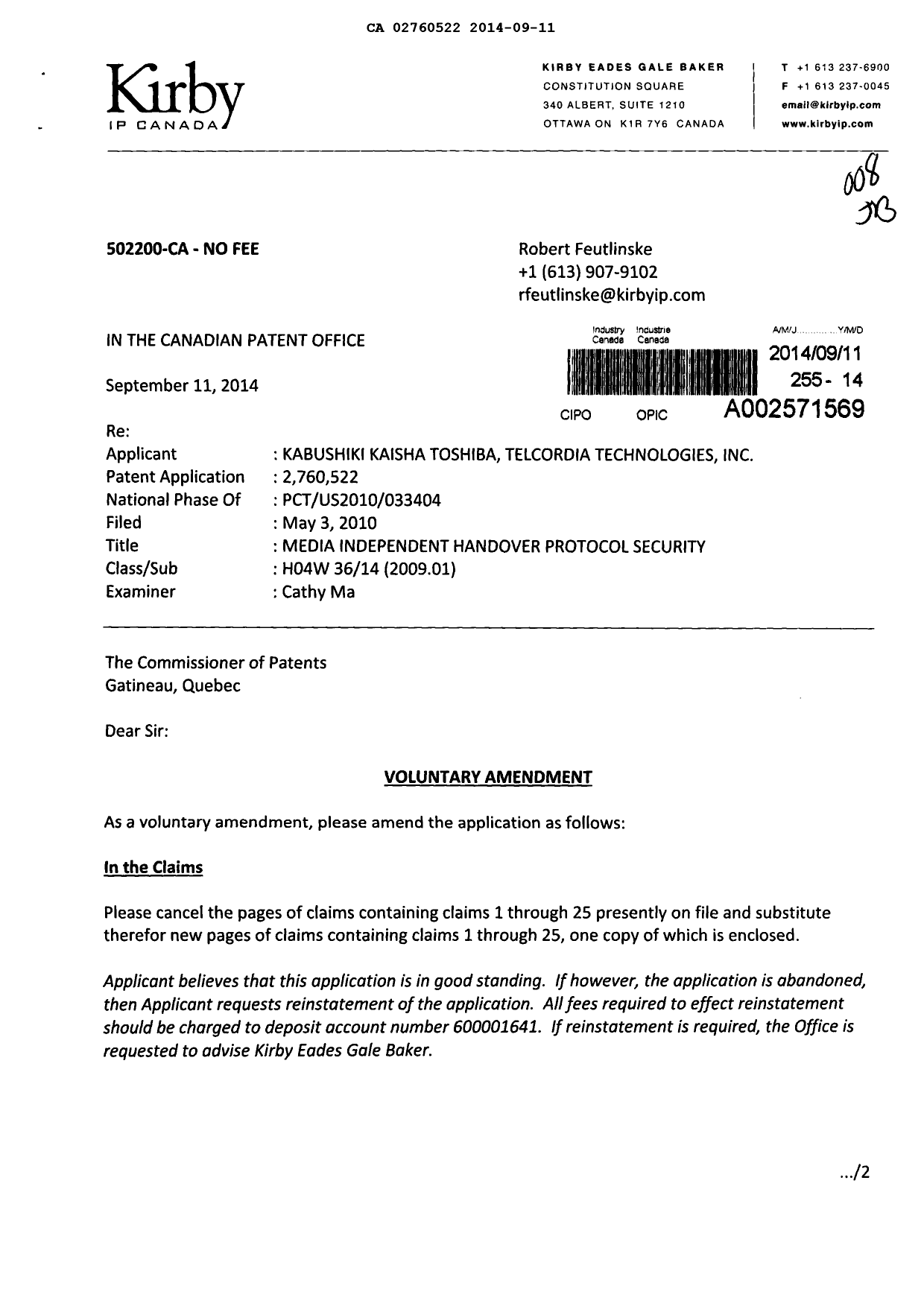 Document de brevet canadien 2760522. Poursuite-Amendment 20140911. Image 1 de 10