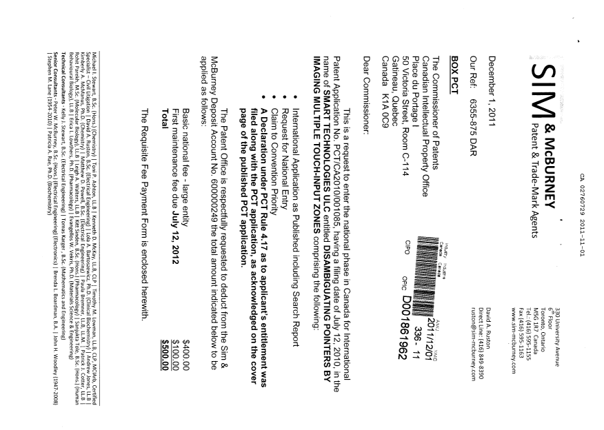 Canadian Patent Document 2760729. Assignment 20111101. Image 1 of 4