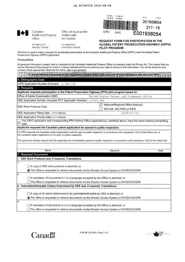 Document de brevet canadien 2760729. Requête ATDB (PPH) 20150804. Image 2 de 15