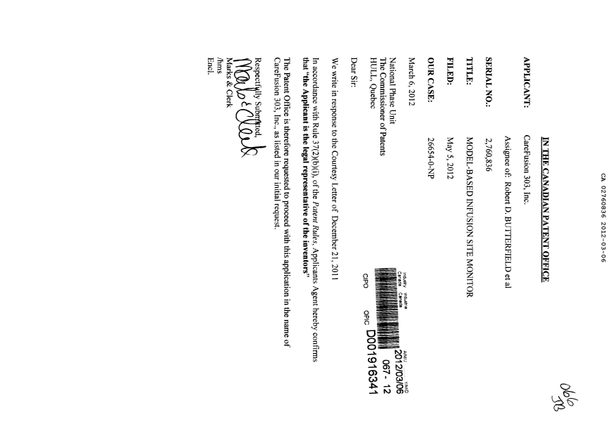 Document de brevet canadien 2760836. Correspondance 20120306. Image 1 de 1