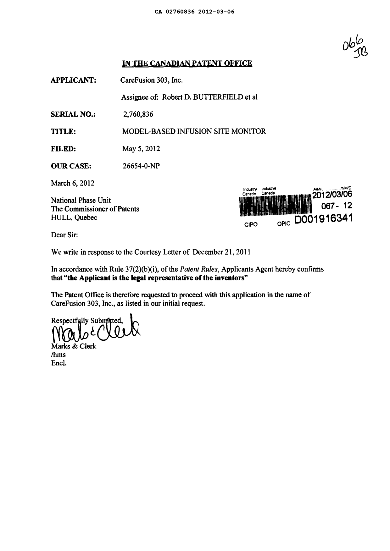 Document de brevet canadien 2760836. Correspondance 20120306. Image 1 de 1
