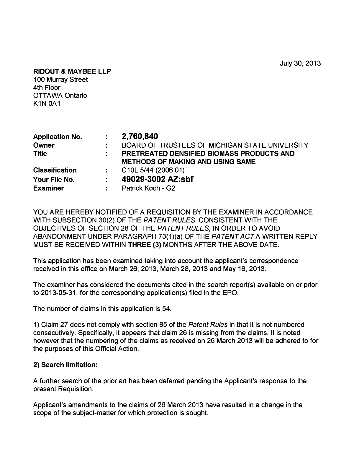 Document de brevet canadien 2760840. Poursuite-Amendment 20121230. Image 1 de 4