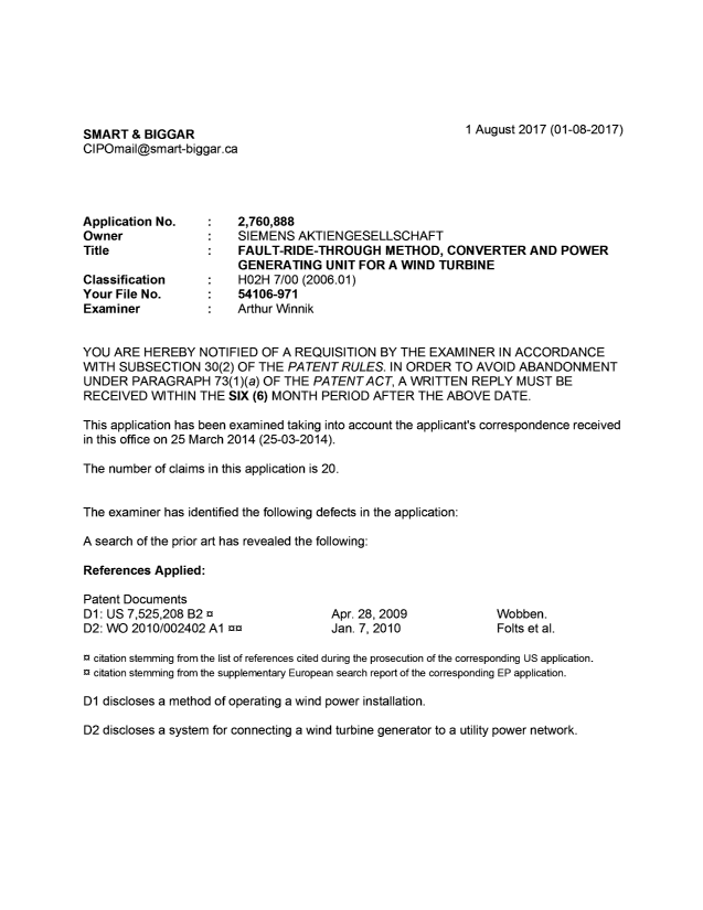 Document de brevet canadien 2760888. Demande d'examen 20170801. Image 1 de 3