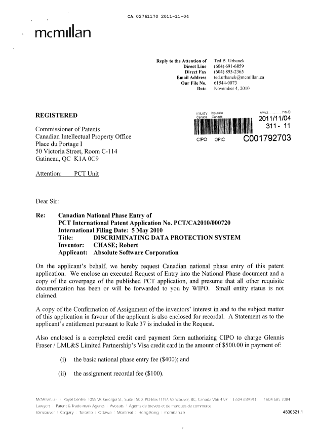 Document de brevet canadien 2761170. Cession 20111104. Image 1 de 7