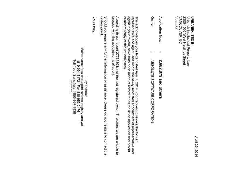 Canadian Patent Document 2761170. Correspondence 20140429. Image 1 of 1