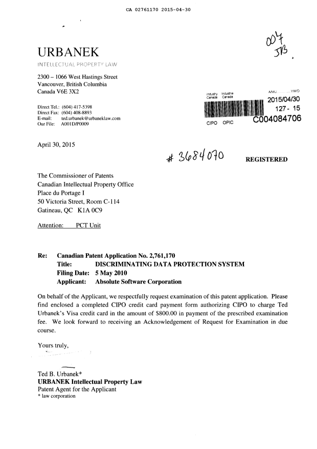 Document de brevet canadien 2761170. Poursuite-Amendment 20150430. Image 1 de 2