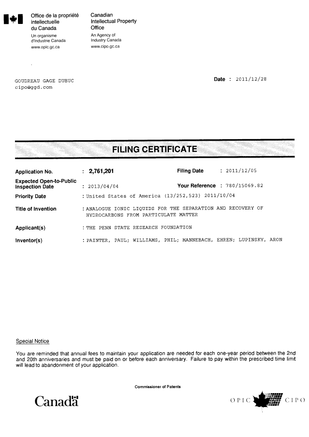Canadian Patent Document 2761201. Correspondence 20101228. Image 1 of 1