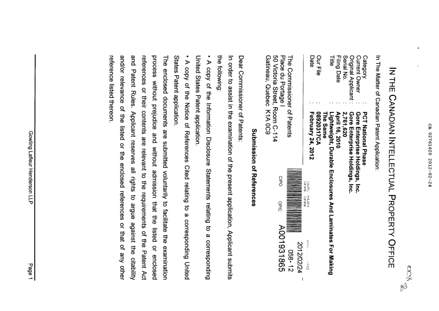 Document de brevet canadien 2761620. Poursuite-Amendment 20120224. Image 1 de 2